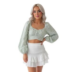 Altar'd State Green and White Plaid Crop-top with Tie